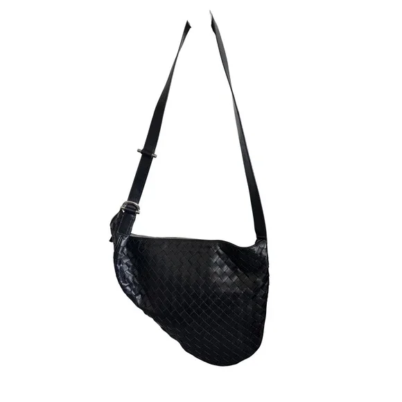 Bottega Veneta Intrecciato Black Leather Crossbody Messenger Bag Silver Hardware - Picture 1 of 9